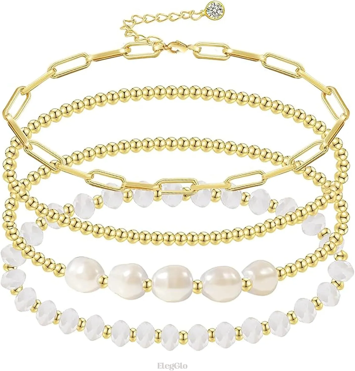 Gold Pearl Crystal Beaded Bracelets Set for Women, 14K Real Gold Pearl Beads Bracelet Stake Paperclip Link Chain Bracelets Bracelets for Women