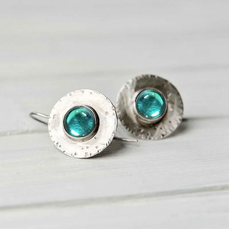 Handcrafted Silver Disc Earrings with Turquoise Gem-jlt11590