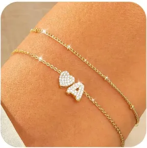 Honsny Dainty Initial Bracelets for Women Trendy 18K Gold Plated A-Z Heart Letter Charm Non Tarnish Layered Cute Bracelet Bridesmaid Jewelry