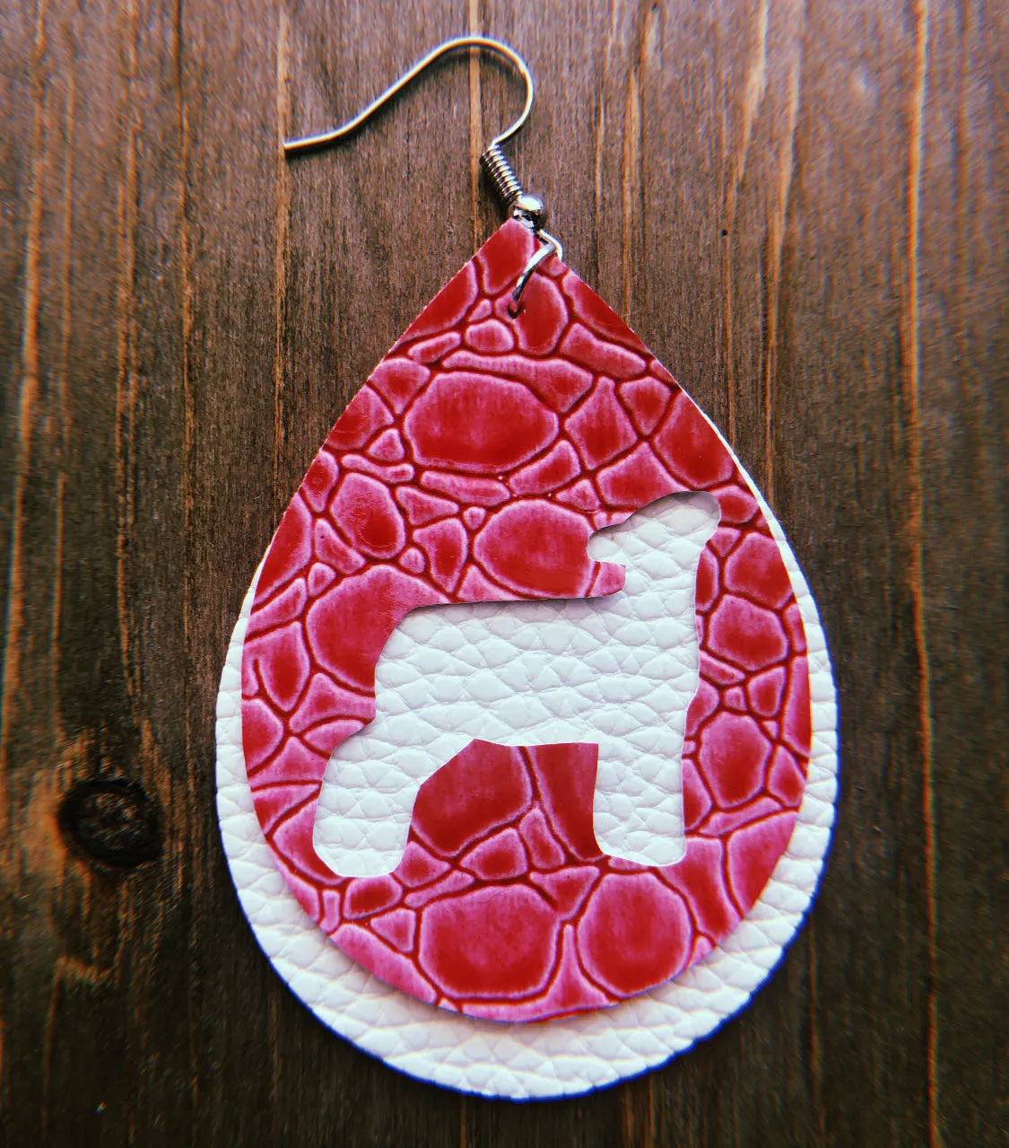 Hot Pink Textured Alligator Skin Lamb Teardrop Shaped Earrings