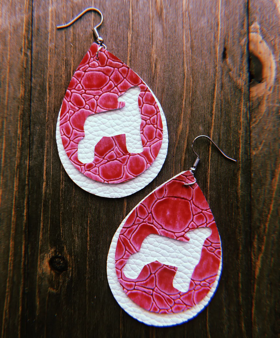 Hot Pink Textured Alligator Skin Lamb Teardrop Shaped Earrings