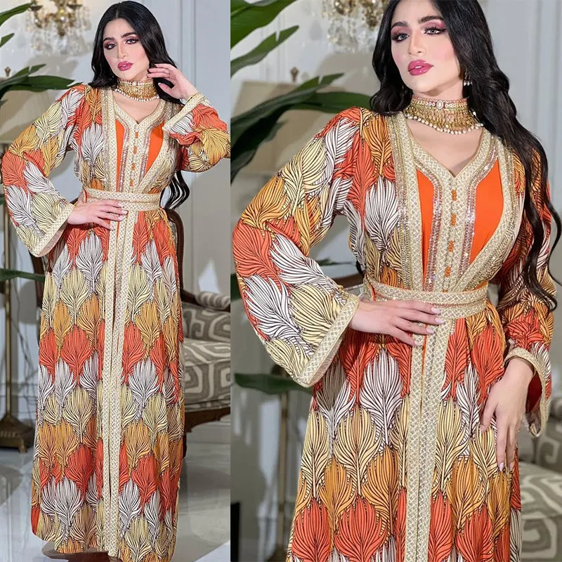 Islamic women's clothing Muslim long-sleeved ribbon stitching printed jacket fashion diamond-studded hot diamond abaya robe Jalabiya two-piece set