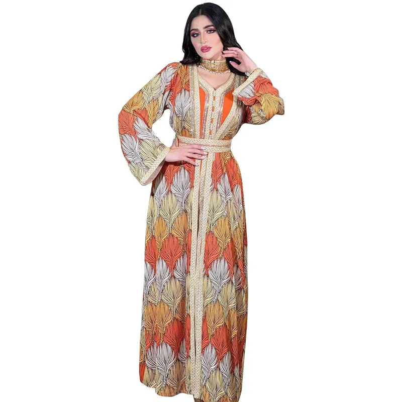 Islamic women's clothing Muslim long-sleeved ribbon stitching printed jacket fashion diamond-studded hot diamond abaya robe Jalabiya two-piece set