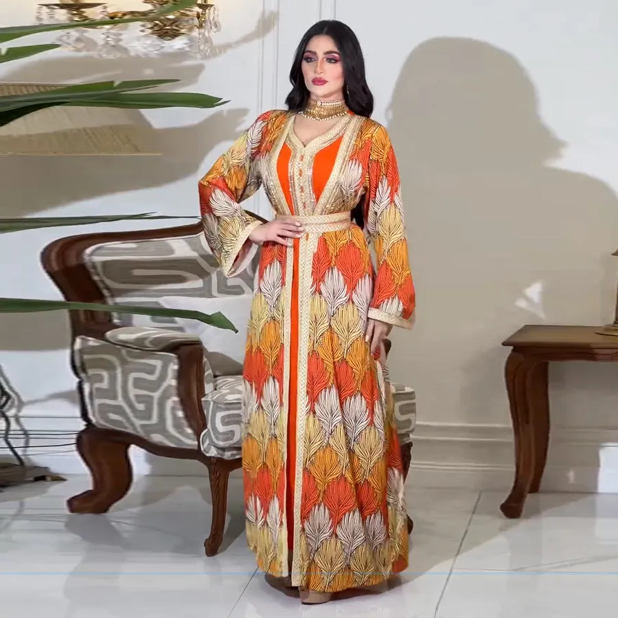 Islamic women's clothing Muslim long-sleeved ribbon stitching printed jacket fashion diamond-studded hot diamond abaya robe Jalabiya two-piece set