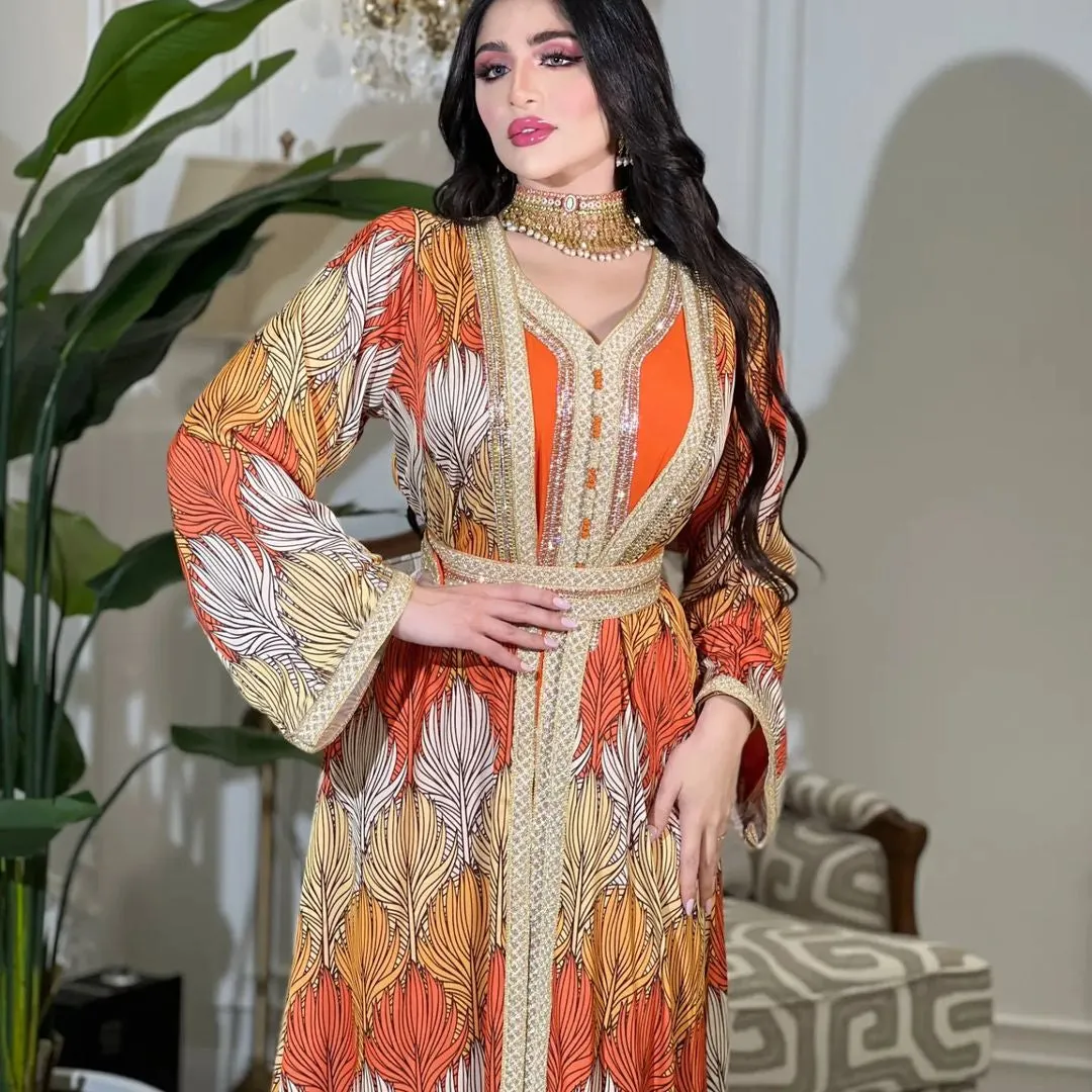 Islamic women's clothing Muslim long-sleeved ribbon stitching printed jacket fashion diamond-studded hot diamond abaya robe Jalabiya two-piece set