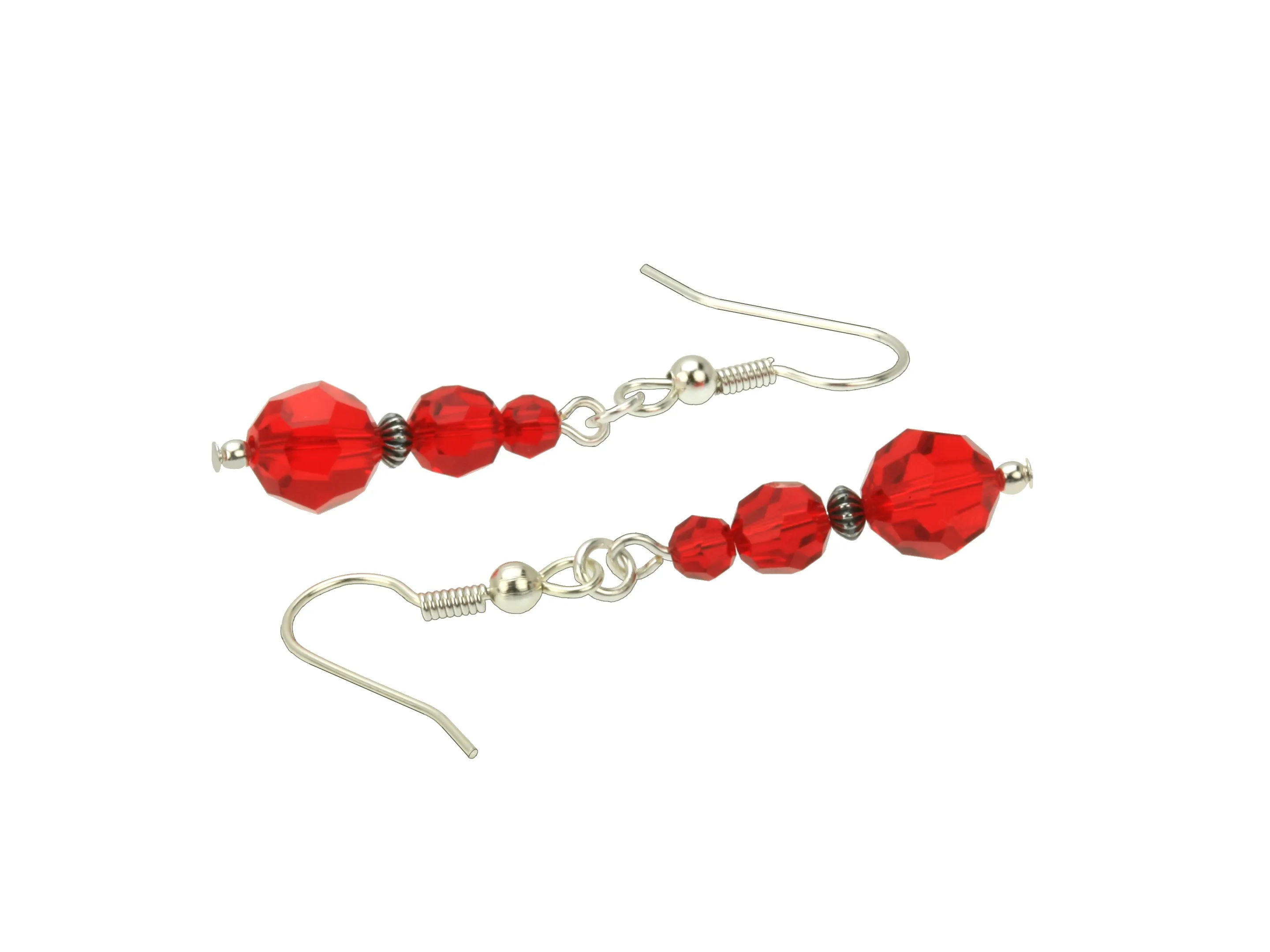 Light Siam Three Bead July Birthstone Silver Earrings