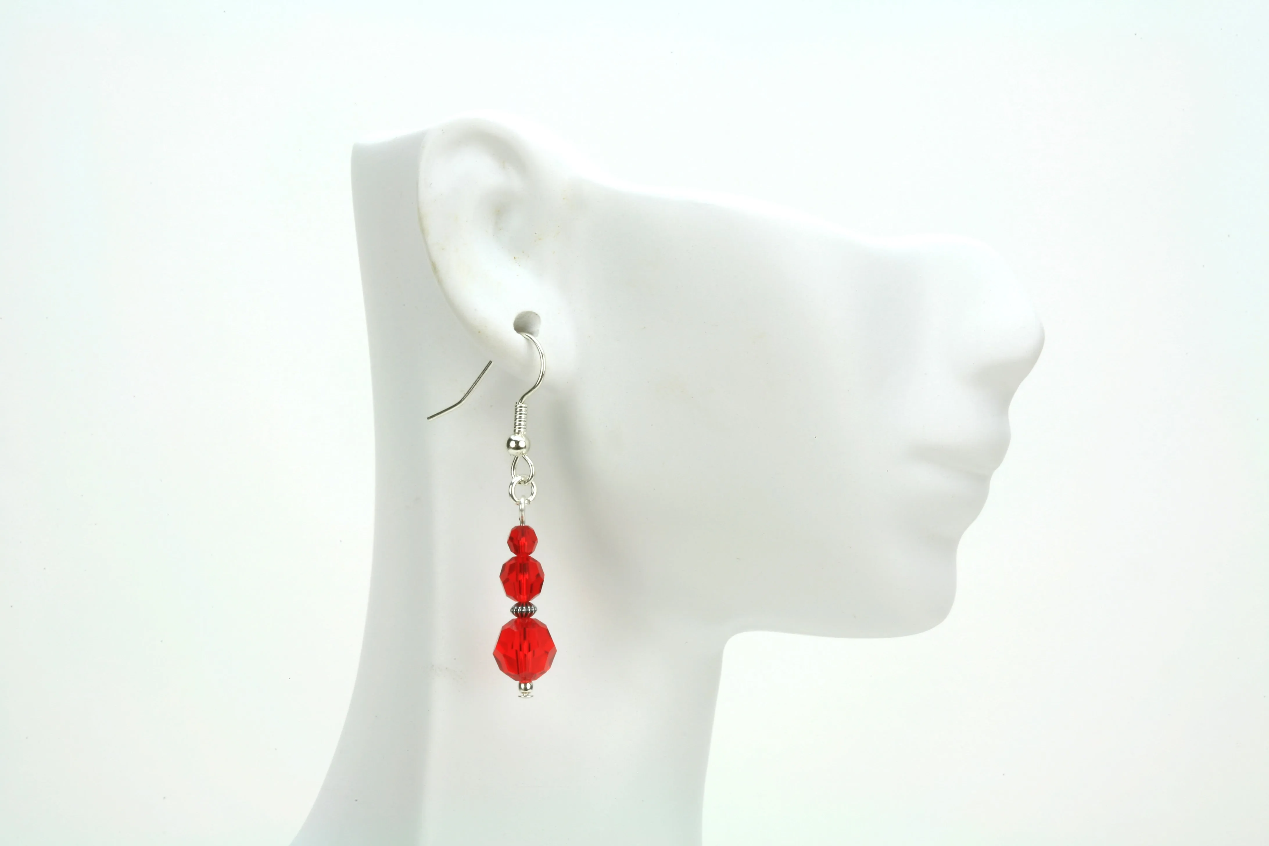 Light Siam Three Bead July Birthstone Silver Earrings