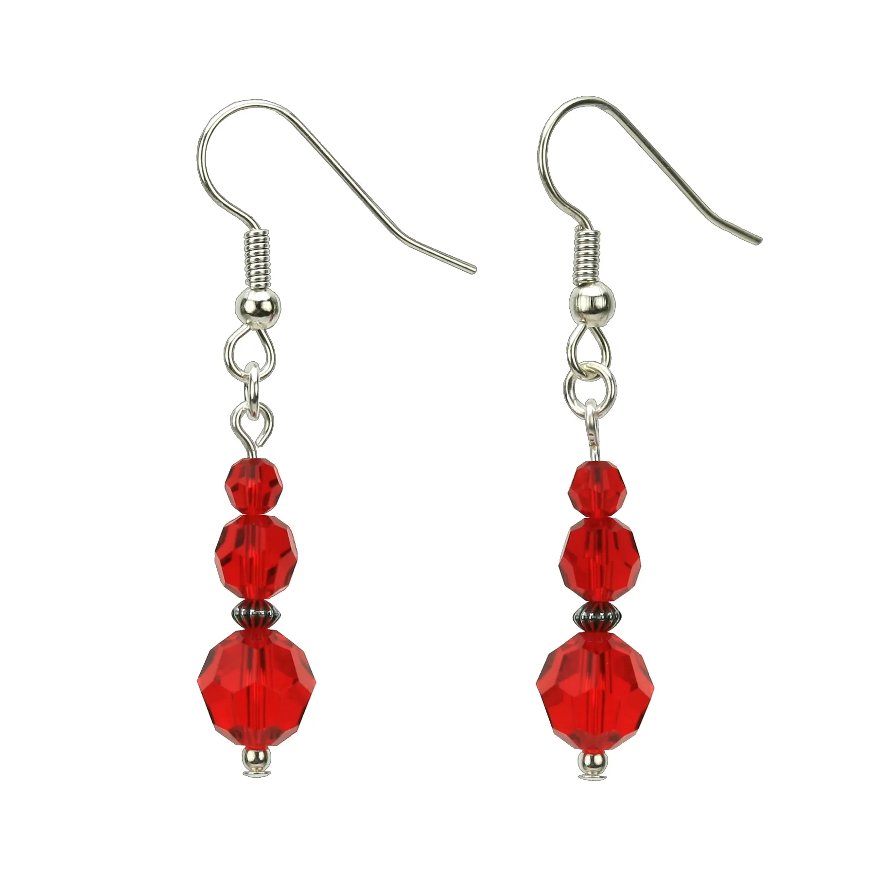 Light Siam Three Bead July Birthstone Silver Earrings
