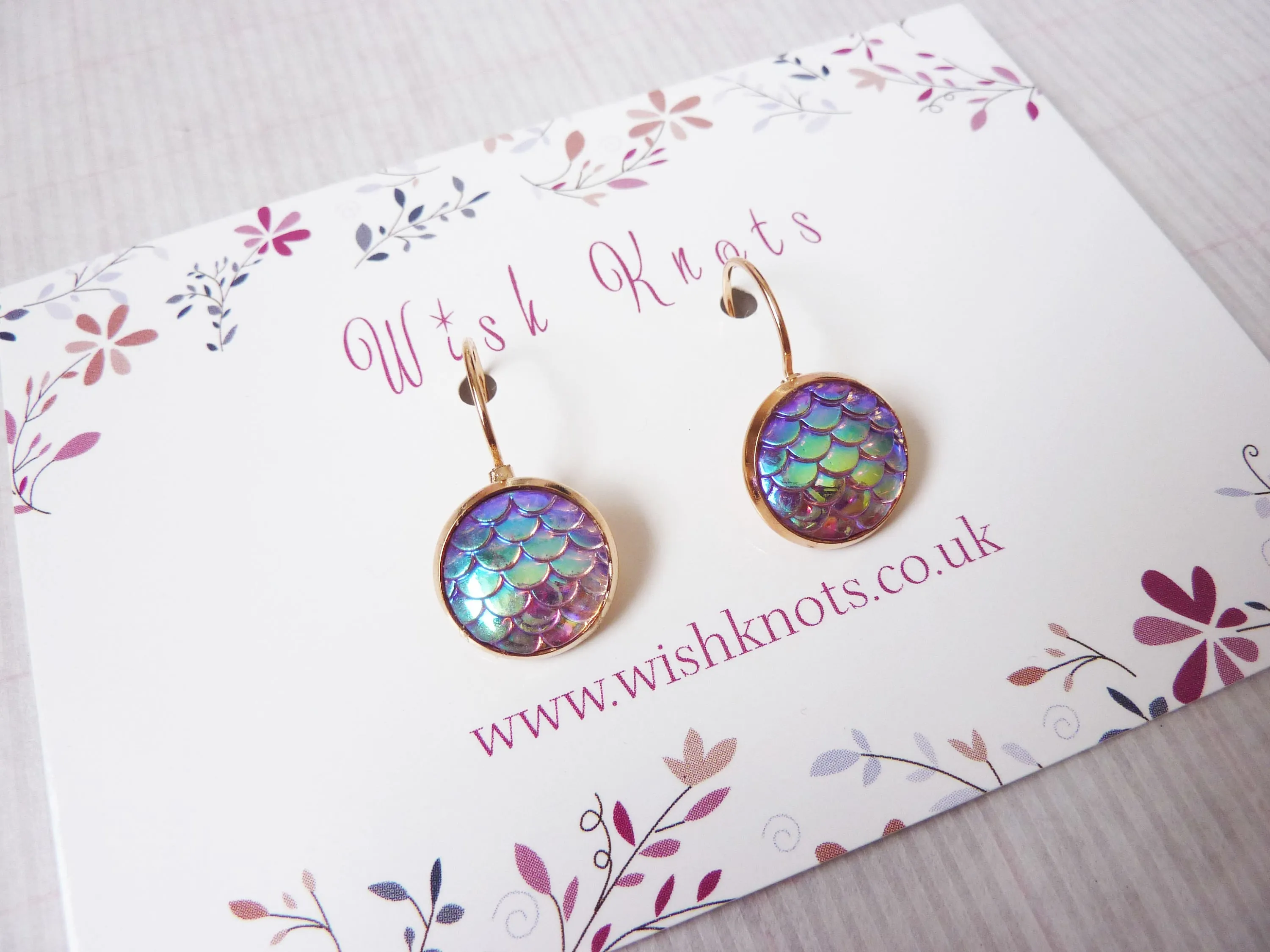 Mermaid Scale Earrings - Pink Lever Back Earrings. Rose Gold Plated Drop Earrings