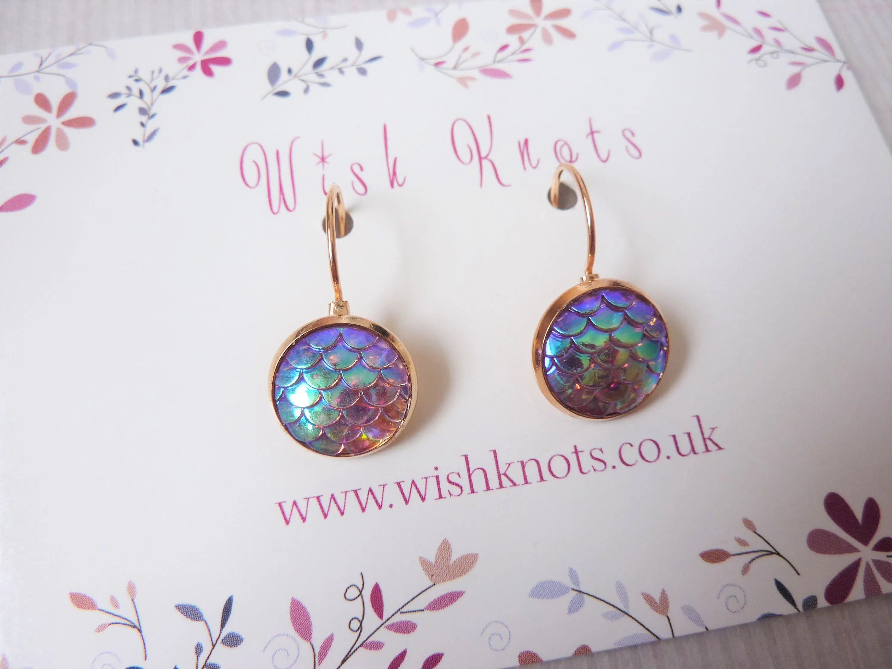 Mermaid Scale Earrings - Pink Lever Back Earrings. Rose Gold Plated Drop Earrings