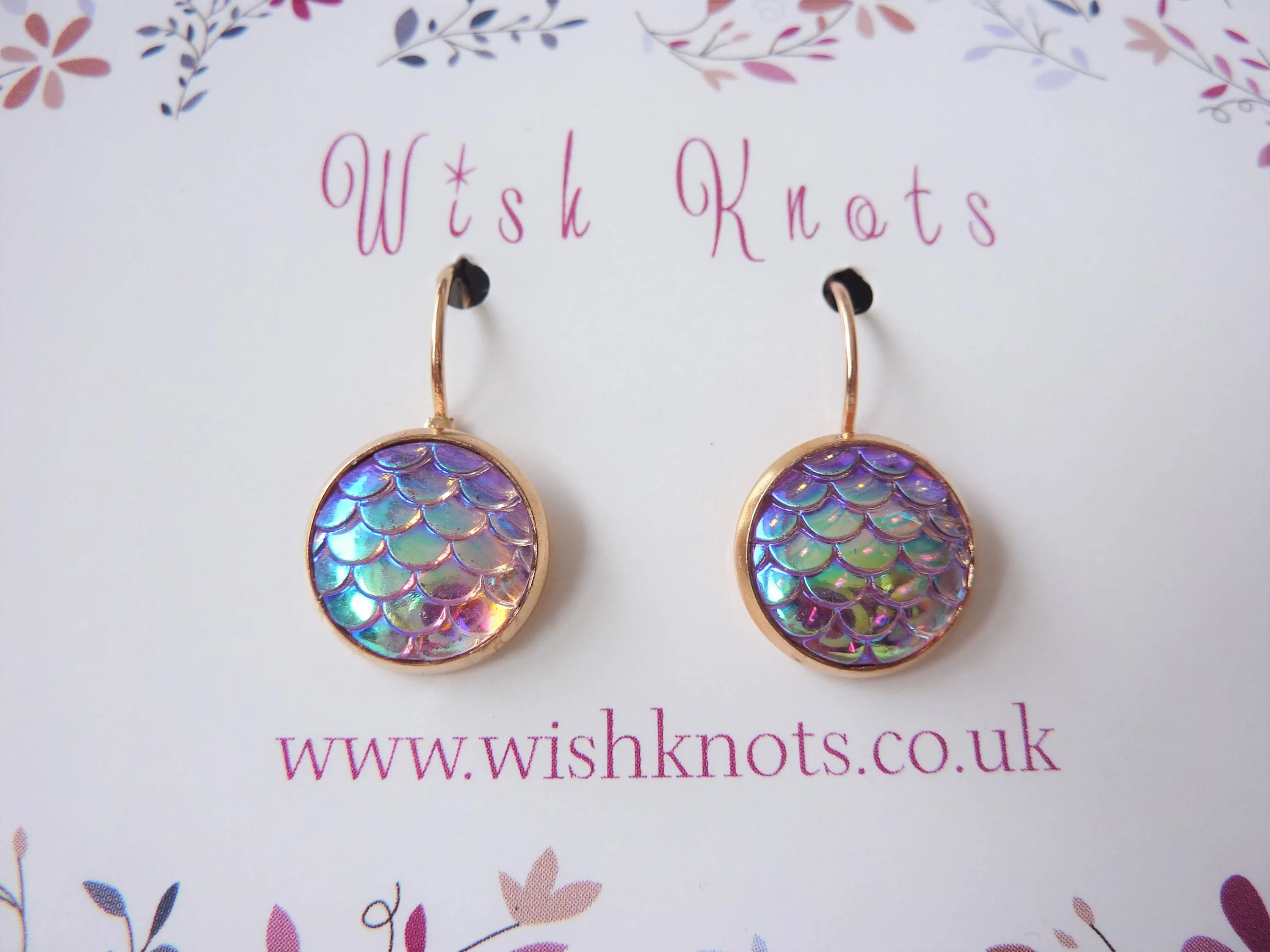 Mermaid Scale Earrings - Pink Lever Back Earrings. Rose Gold Plated Drop Earrings