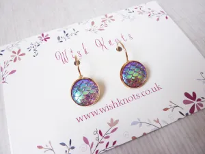 Mermaid Scale Earrings - Pink Lever Back Earrings. Rose Gold Plated Drop Earrings
