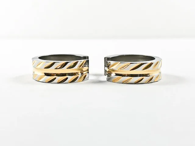 Modern Textured Metallic Pattern Two Tone Steel Huggie Earrings