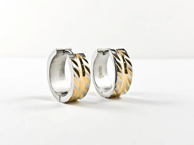 Modern Textured Metallic Pattern Two Tone Steel Huggie Earrings
