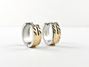 Modern Textured Metallic Pattern Two Tone Steel Huggie Earrings