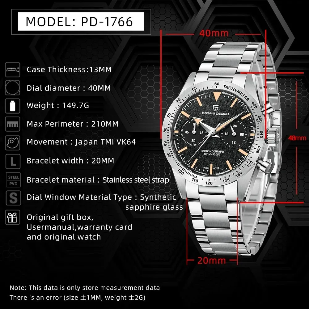 PAGANI DESIGN 2023 Mens watches Moon Quartz  Watch men speed Sport waterproof Chronograph AR Sapphire VK64 Steel Retro Luminous