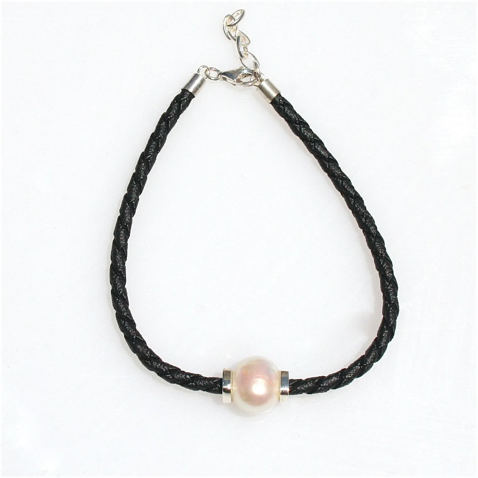 Pearl on Black Braid Bracelet with Silver Detail
