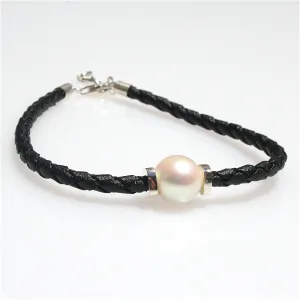 Pearl on Black Braid Bracelet with Silver Detail