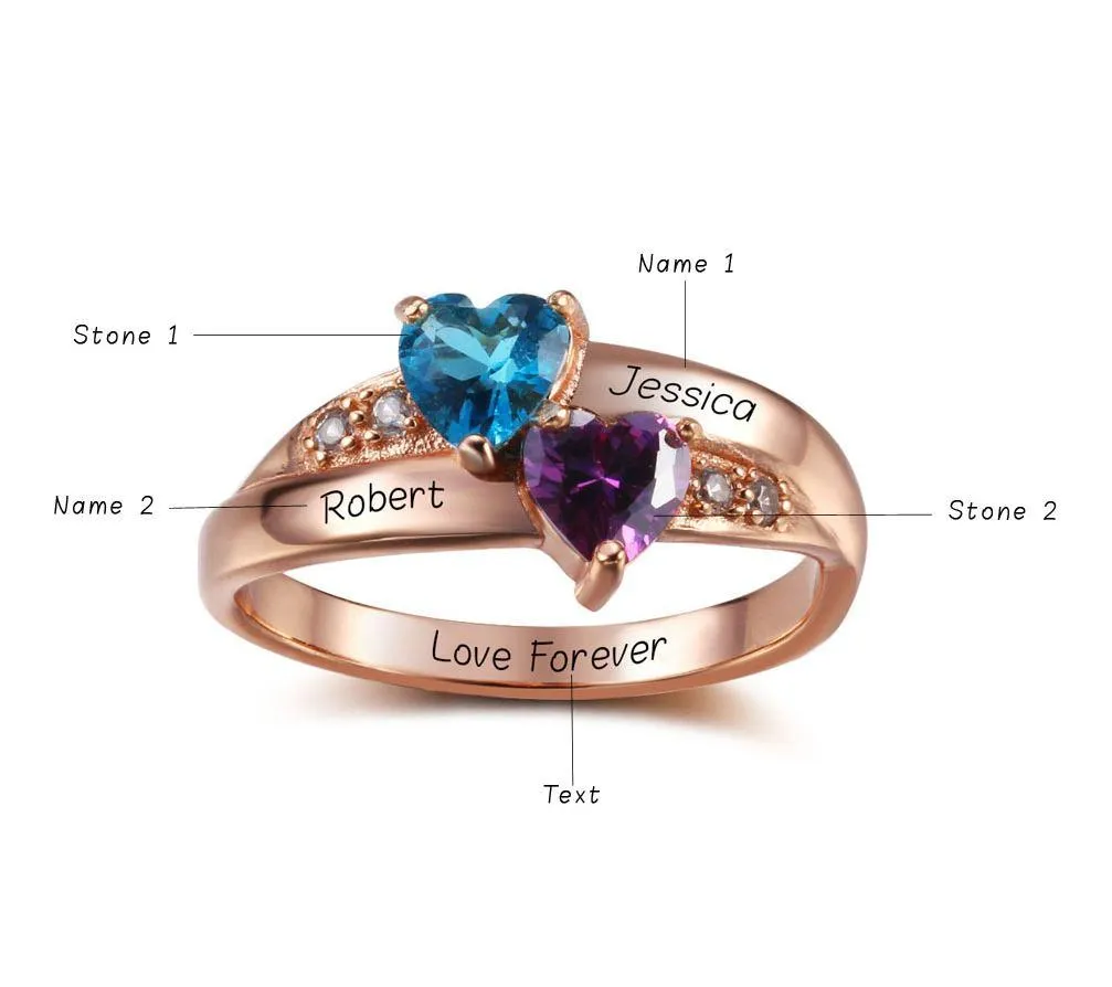 Personalized 2 Birthstone Two Hearts Rose Gold Mother's Ring