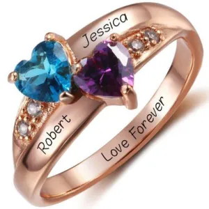 Personalized 2 Birthstone Two Hearts Rose Gold Mother's Ring