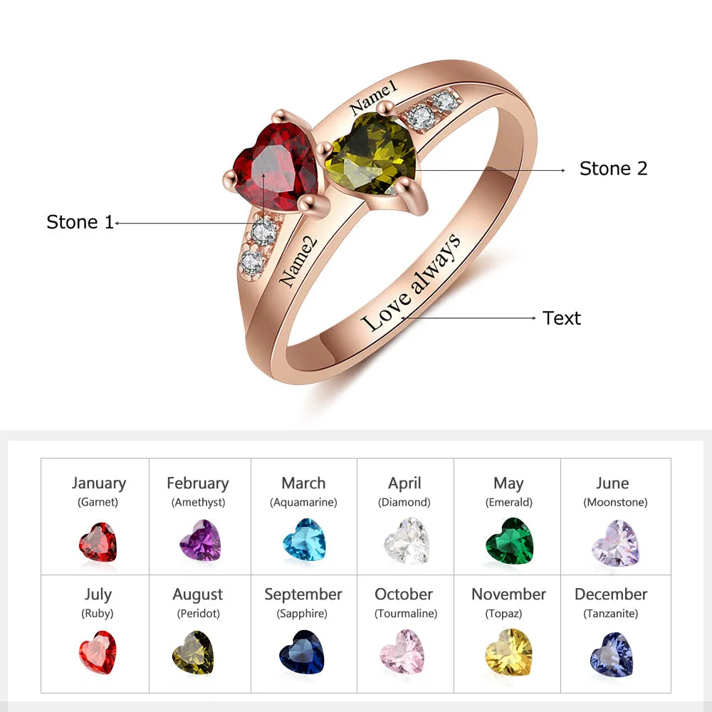 Personalized 2 Birthstone Two Hearts Rose Gold Mother's Ring
