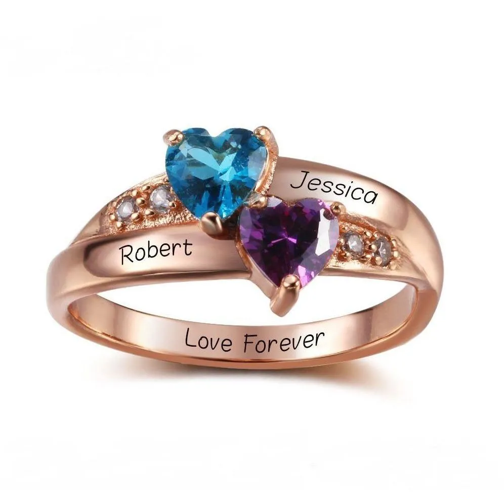 Personalized 2 Birthstone Two Hearts Rose Gold Mother's Ring