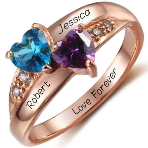 Personalized 2 Birthstone Two Hearts Rose Gold Mother's Ring