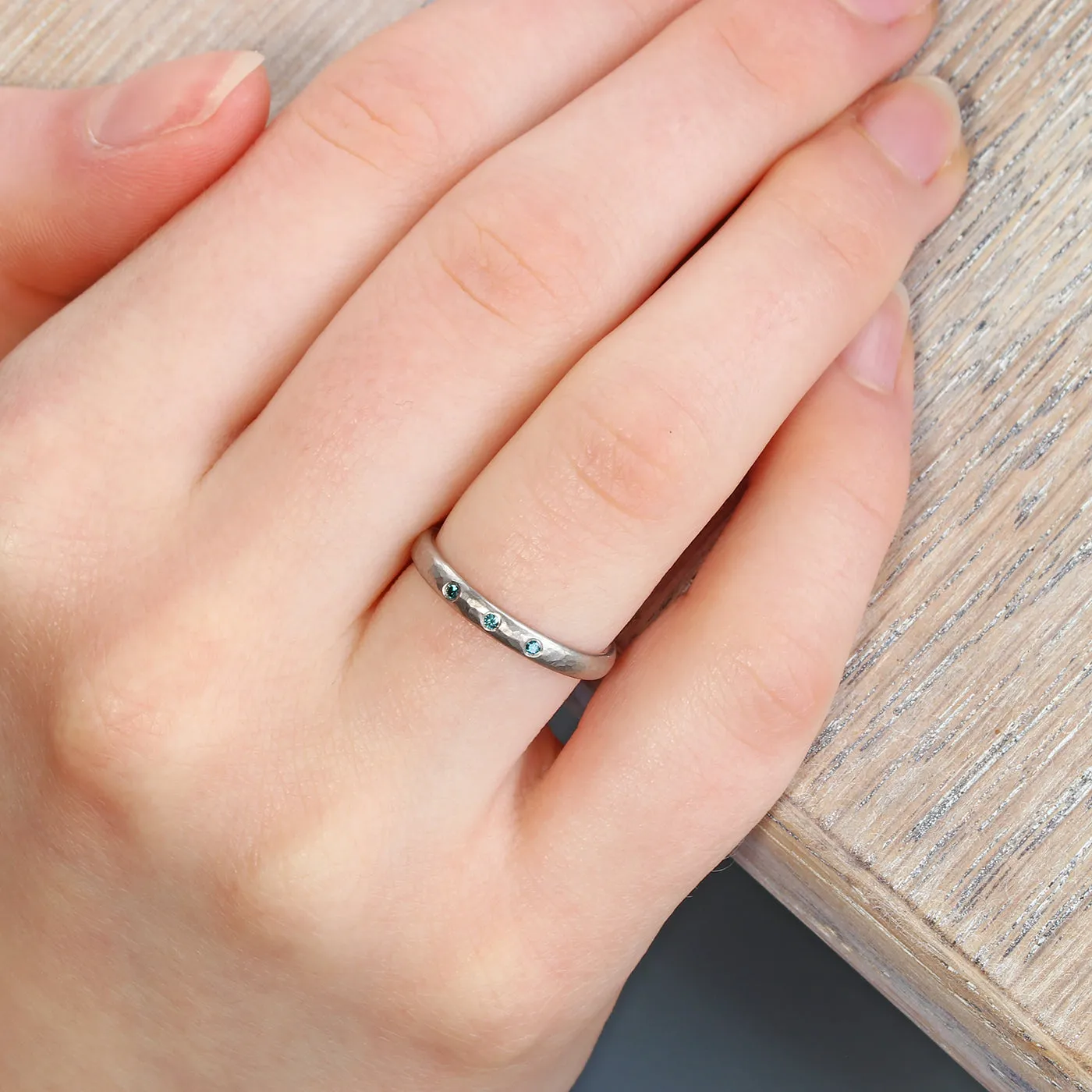 Platinum Hammered Blue Diamond Wedding Ring