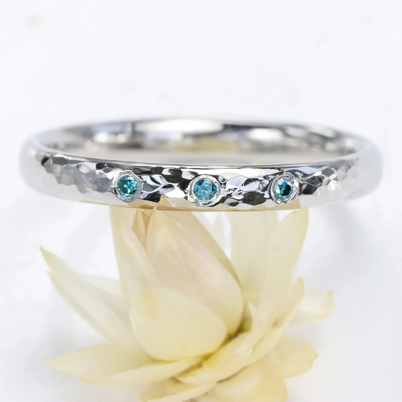 Platinum Hammered Blue Diamond Wedding Ring