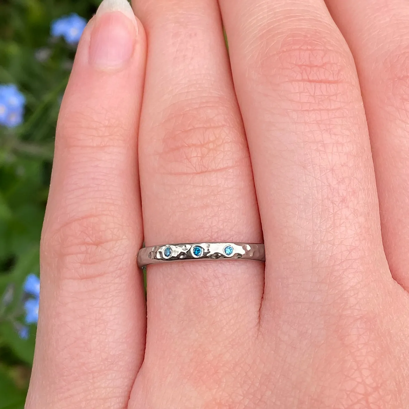Platinum Hammered Blue Diamond Wedding Ring