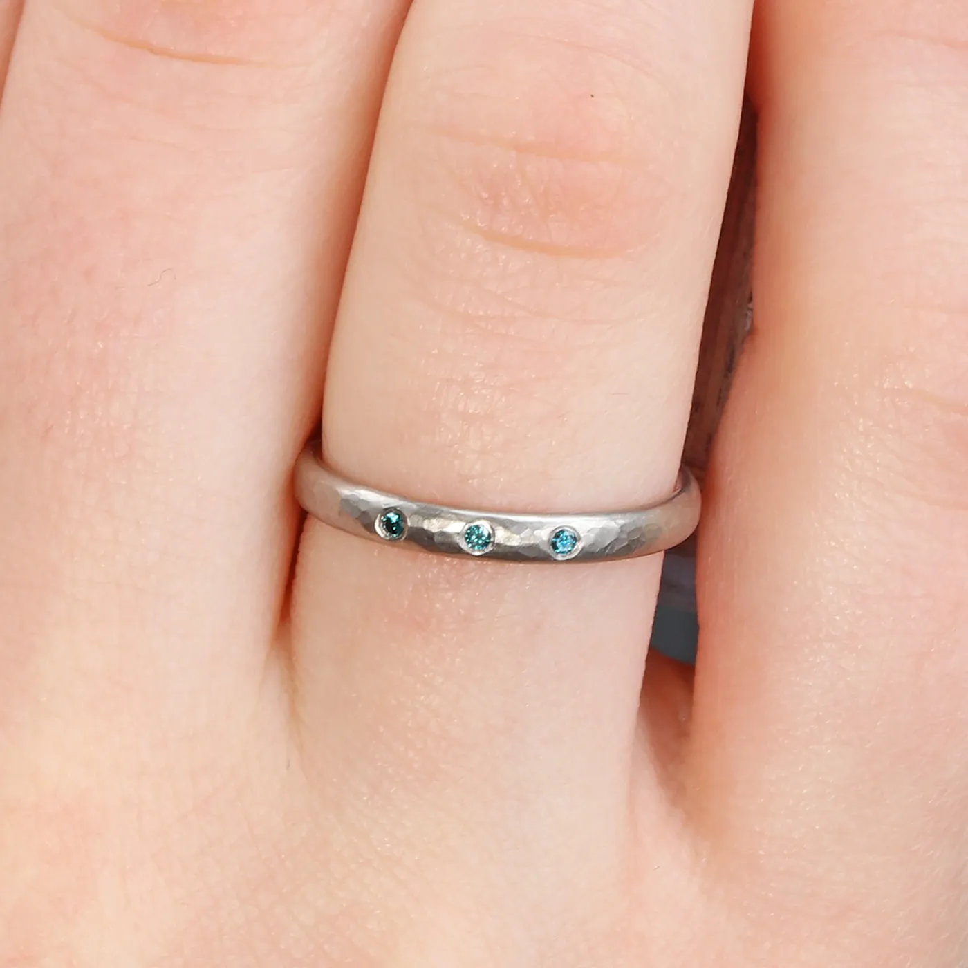 Platinum Hammered Blue Diamond Wedding Ring