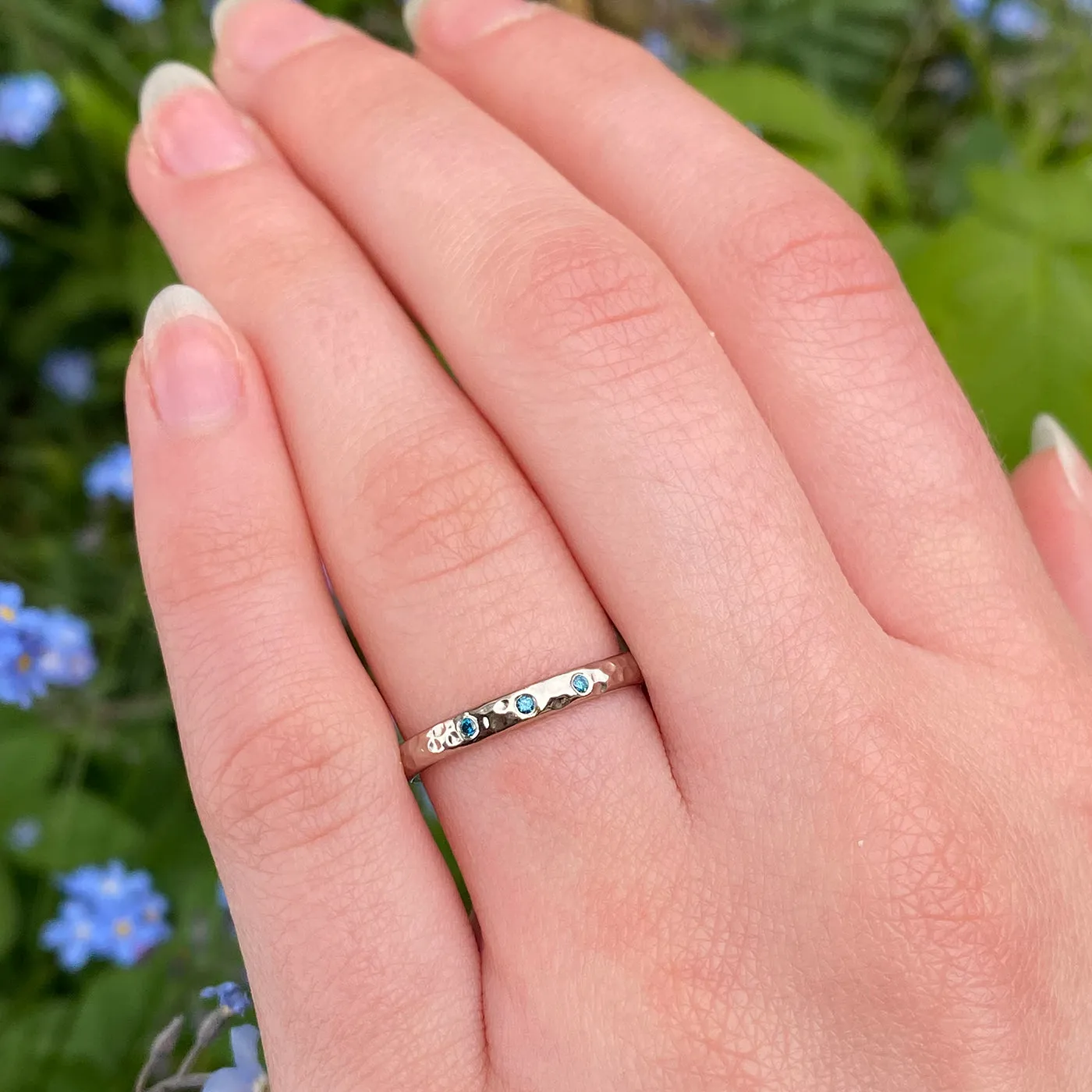 Platinum Hammered Blue Diamond Wedding Ring