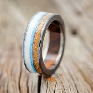 "ELEMENT" - ORANGE OPAL, ANTLER & TURQUOISE, IRONWOOD LINED - BLACK ZIRCONIUM - SIZE 8