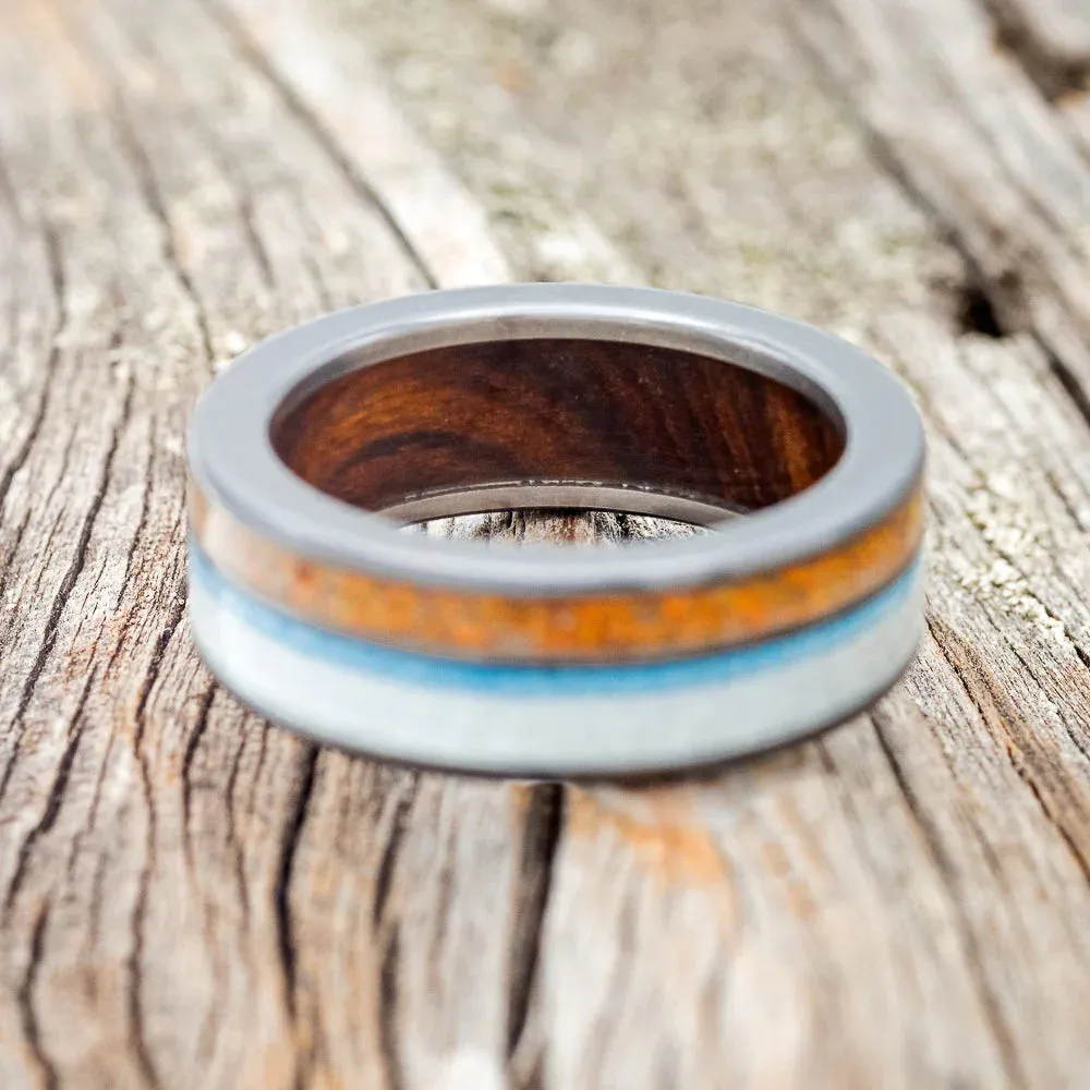 "ELEMENT" - ORANGE OPAL, ANTLER & TURQUOISE, IRONWOOD LINED - BLACK ZIRCONIUM - SIZE 8