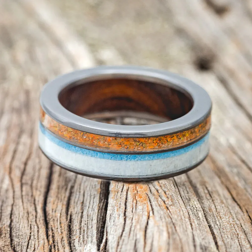 "ELEMENT" - ORANGE OPAL, ANTLER & TURQUOISE, IRONWOOD LINED - BLACK ZIRCONIUM - SIZE 8