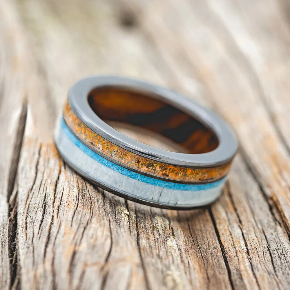 "ELEMENT" - ORANGE OPAL, ANTLER & TURQUOISE, IRONWOOD LINED - BLACK ZIRCONIUM - SIZE 8