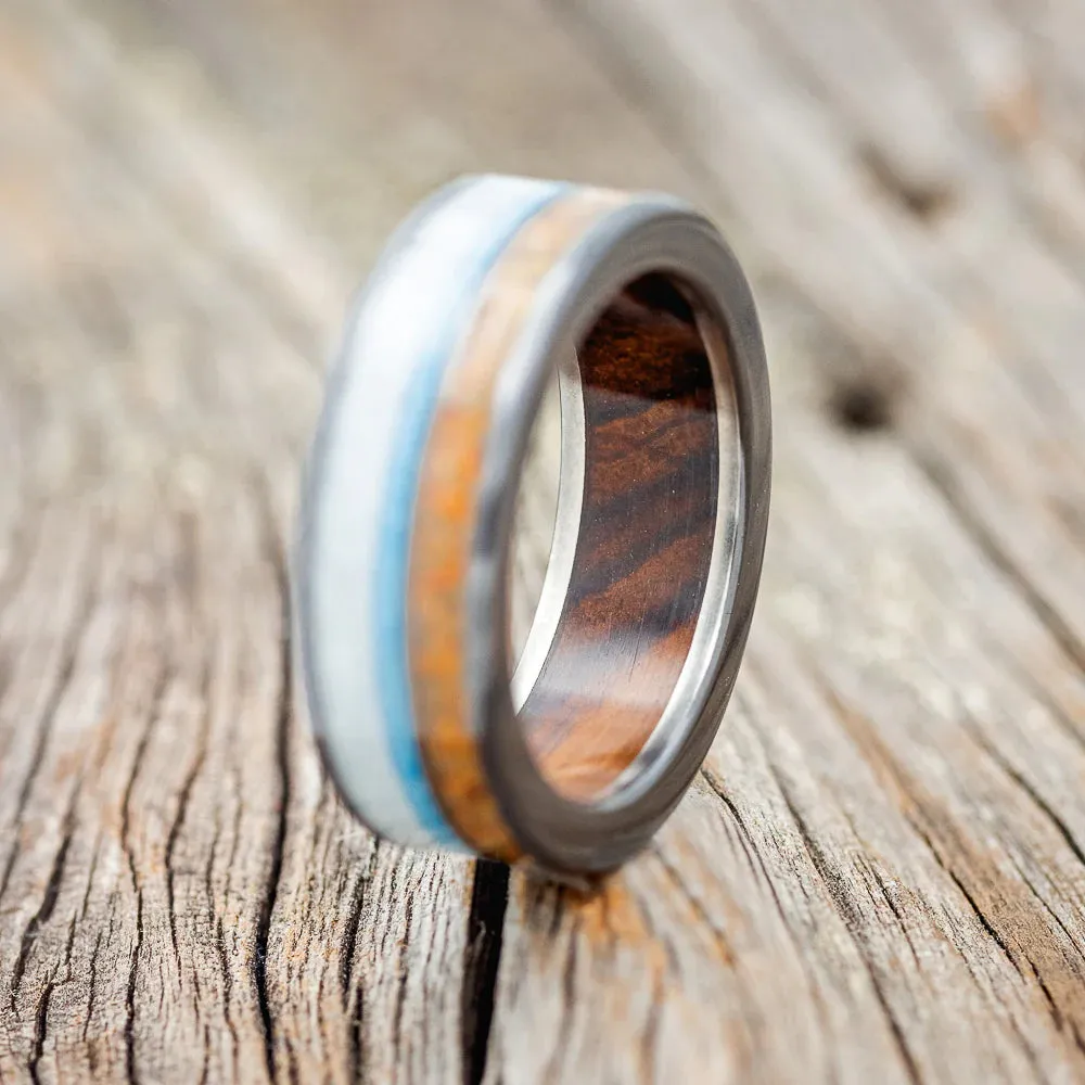 "ELEMENT" - ORANGE OPAL, ANTLER & TURQUOISE, IRONWOOD LINED - BLACK ZIRCONIUM - SIZE 8