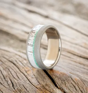 "TANNER" - MALACHITE & ANTLER WEDDING BAND WITH A SANDBLASTED FINISH - TITANIUM - SIZE 9 1/4