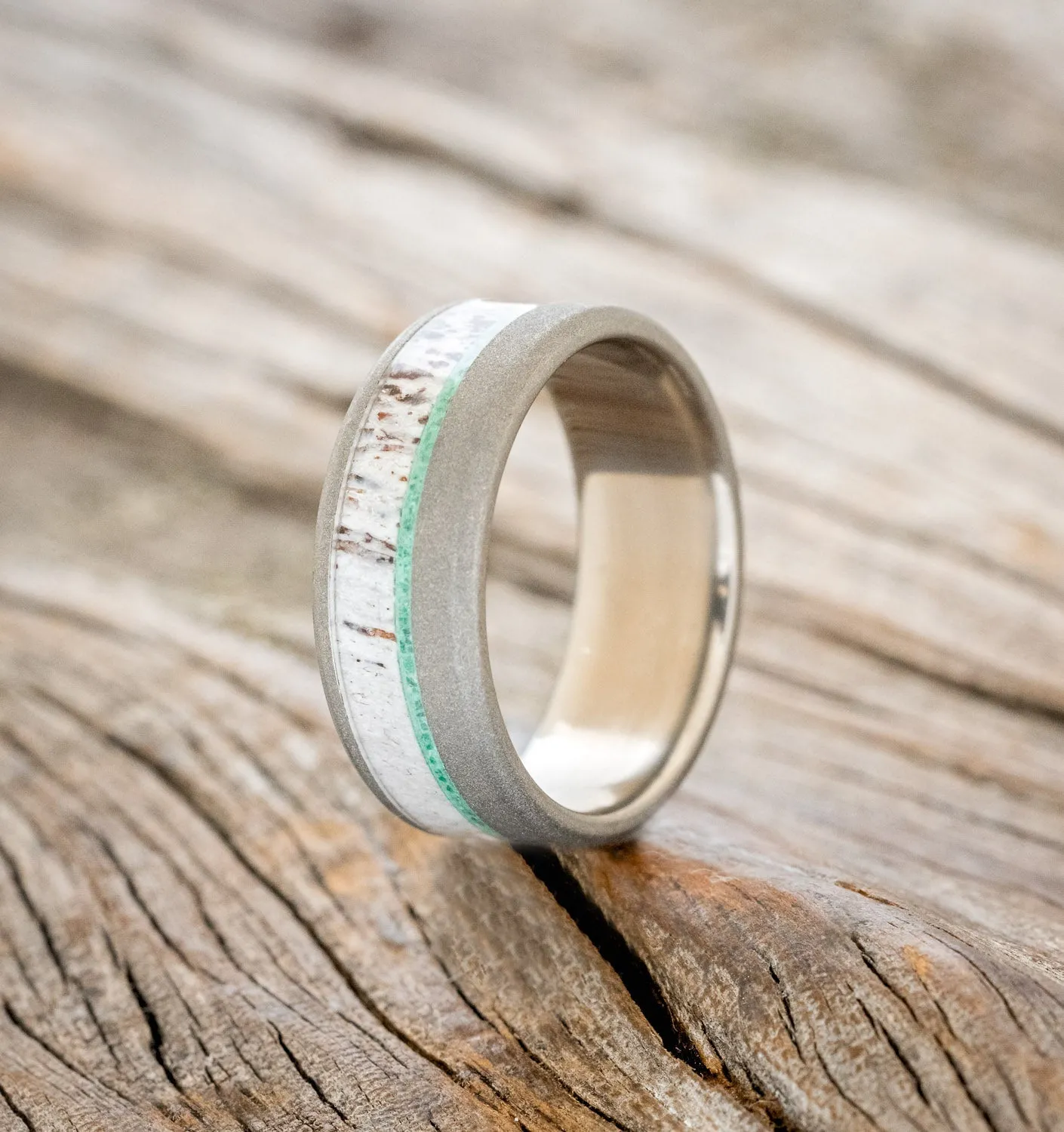 "TANNER" - MALACHITE & ANTLER WEDDING BAND WITH A SANDBLASTED FINISH - TITANIUM - SIZE 9 1/4