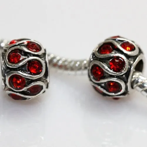 Red Crystals Swirl Design Charm European Bead Compatible for Most European Snake Chain Bracelet