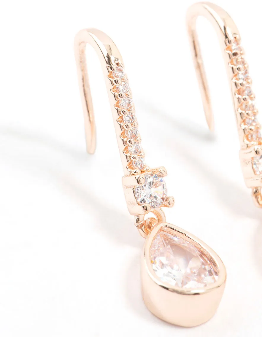 Rose Gold Plated Pave Hook Pear Drop Earrings