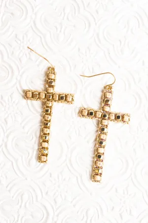 SALE! Goldtone  Cube Bead Cross Earrings