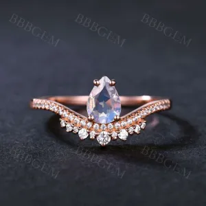 Solitaire Retro Silver Moonstone Engagement Ring Unique Rose Gold CZ Diamond Art Deco