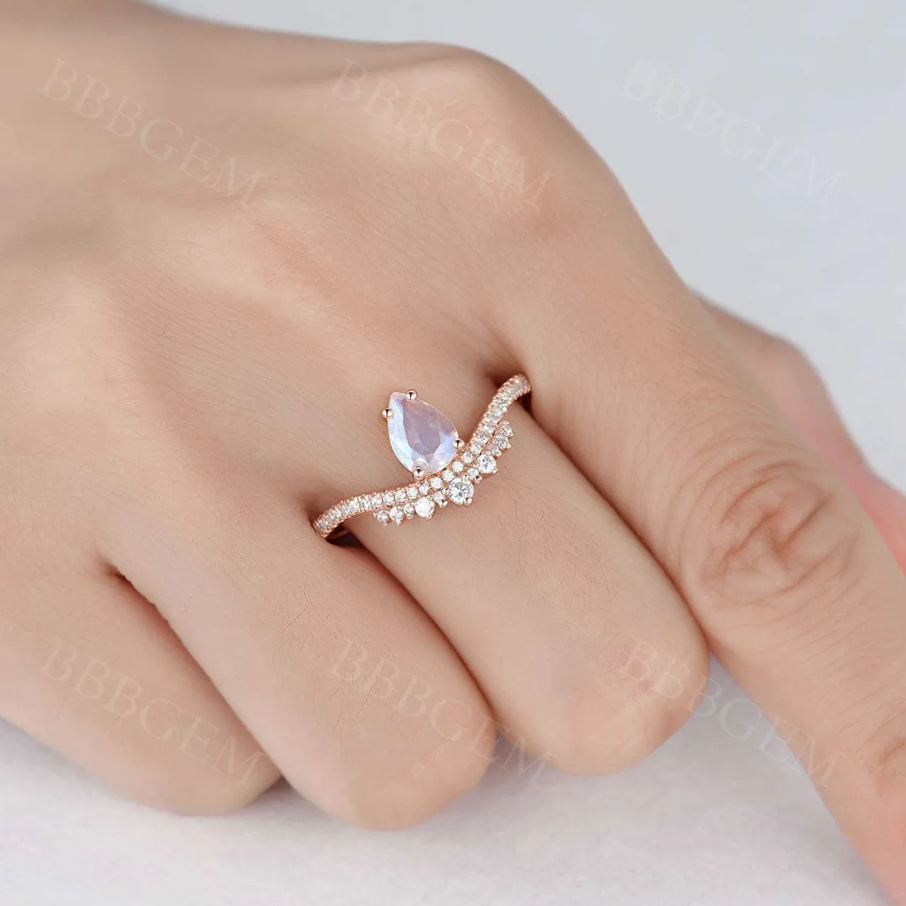 Solitaire Retro Silver Moonstone Engagement Ring Unique Rose Gold CZ Diamond Art Deco