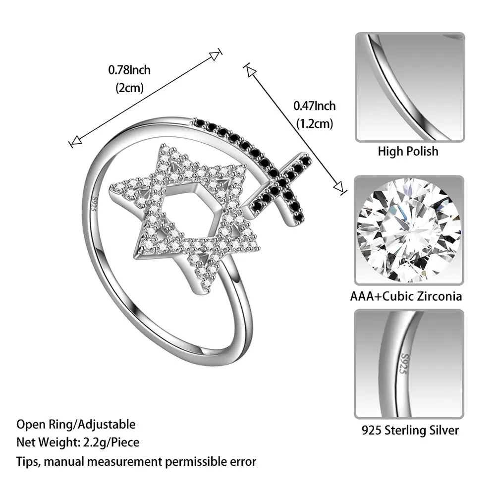 Star of David Ring for Women Mens 925 Sterling Silver Magen David Star Cross Ring Jewish Jewelry