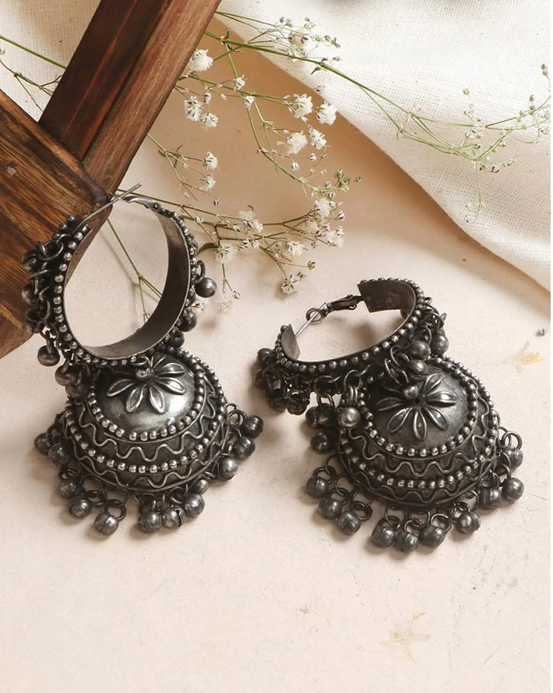 Teejh Rabya Silver Oxidised Jhumkis For Women