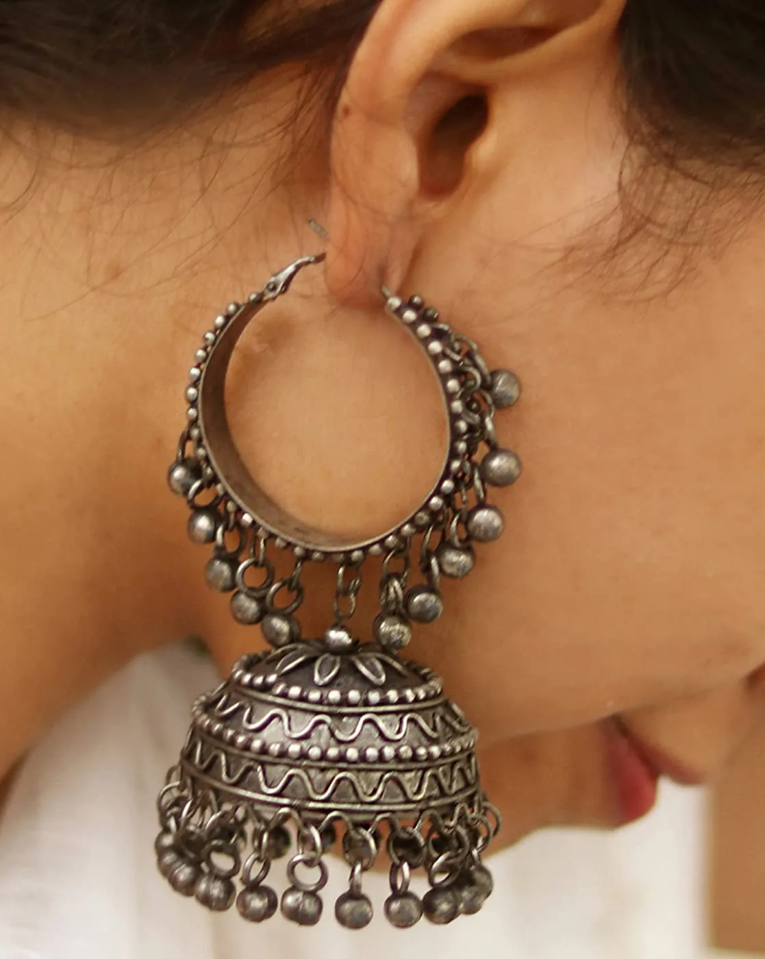 Teejh Rabya Silver Oxidised Jhumkis For Women