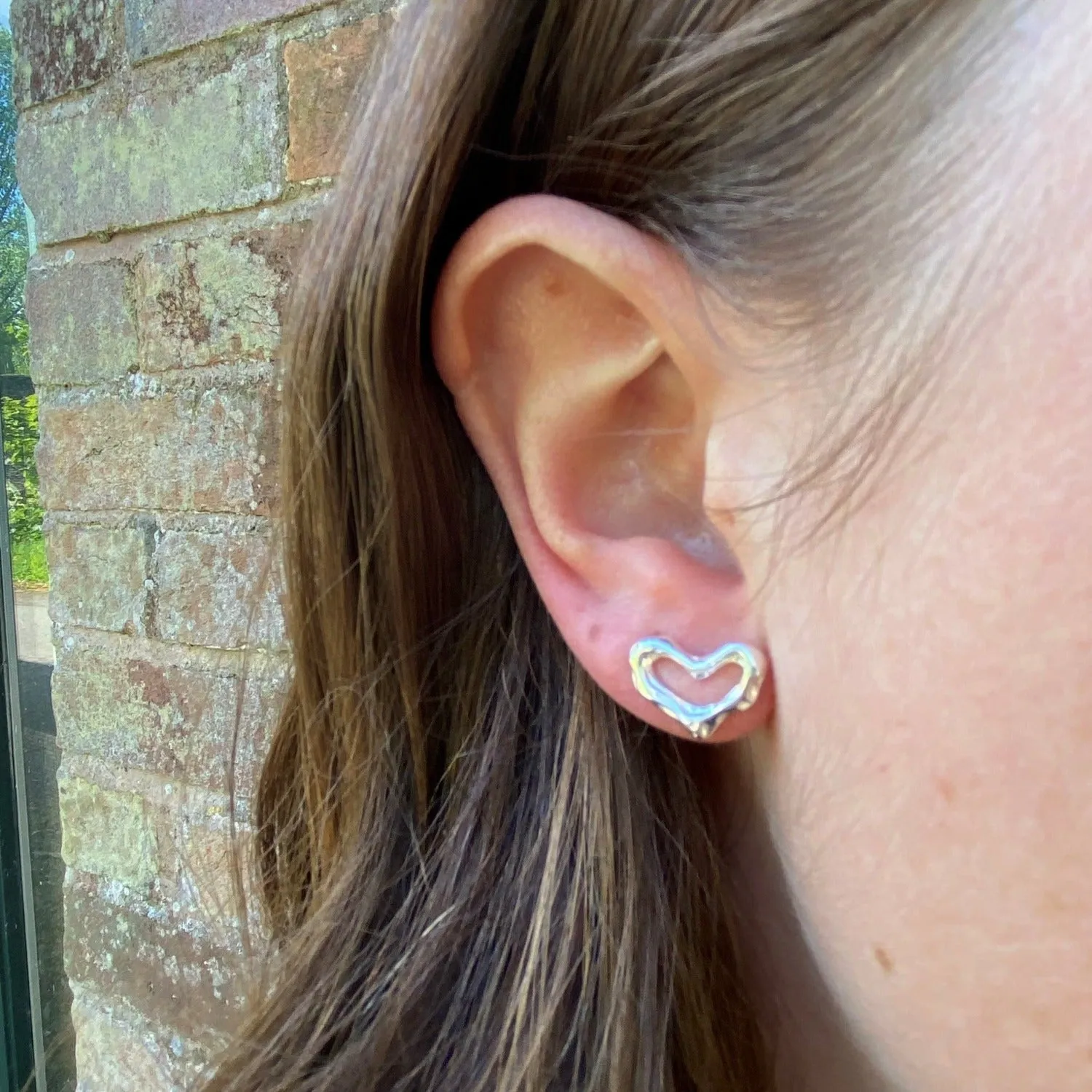 Textured Open Heart Sterling Silver Stud Earrings
