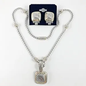 Thick square textured earrings necklace brass set