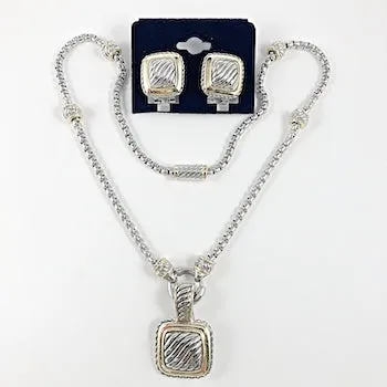 Thick square textured earrings necklace brass set